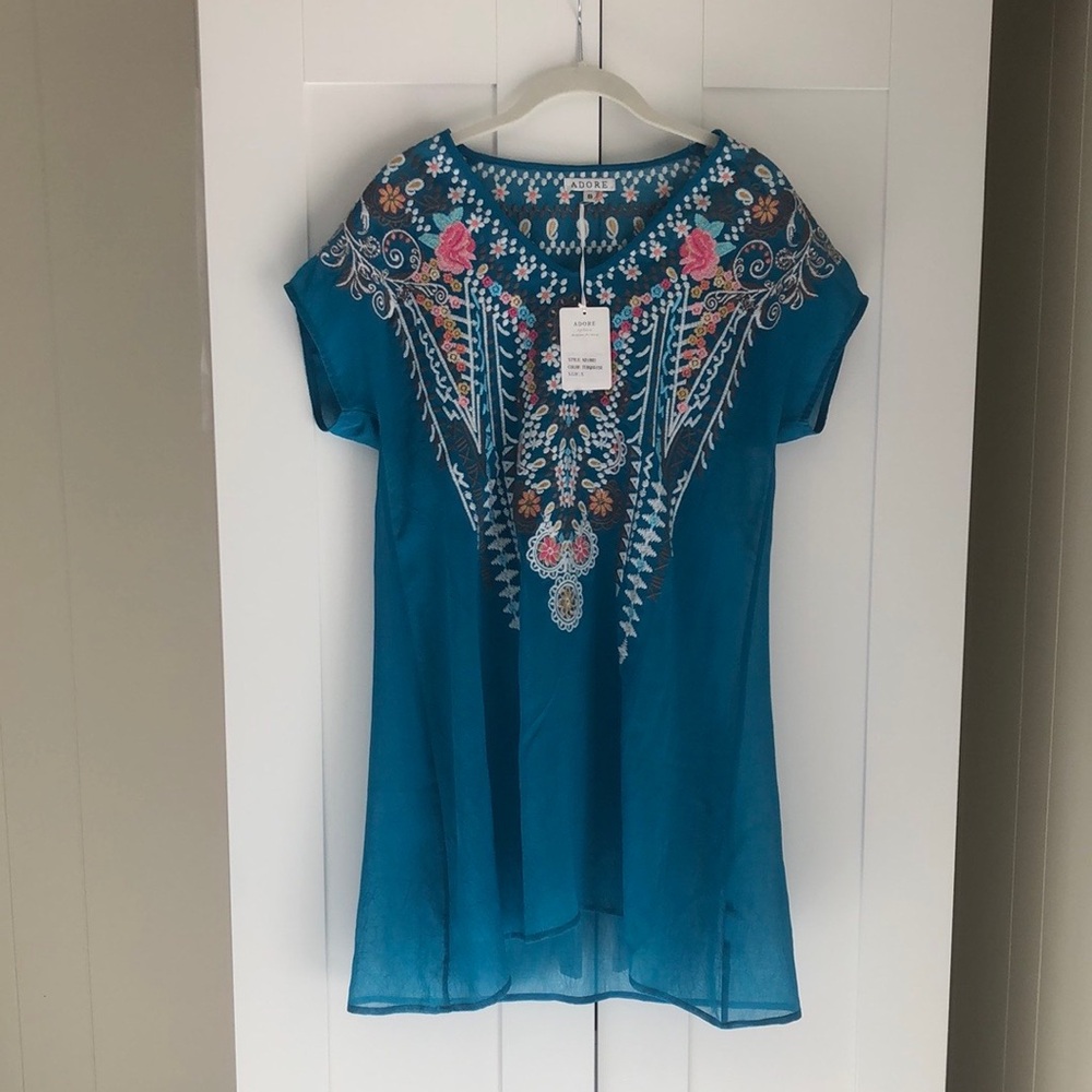 Adore Teal Embroidered Short Sleeve Tunic Blouse